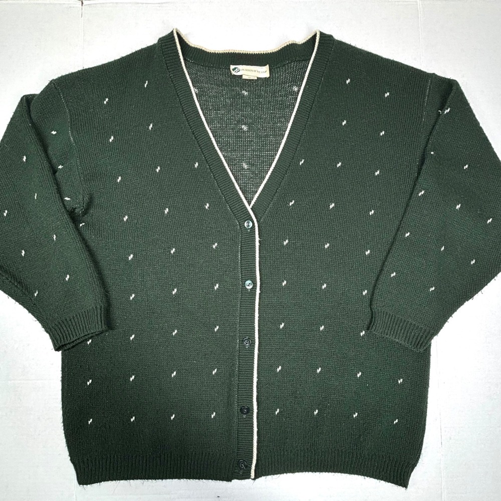Vintage Girl Scouts USA Cardigan Sweater Green White Womens 1X Button Up Knit EC
